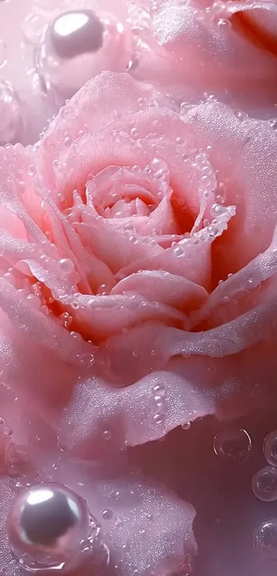 Pink roses with pearls and water droplets for mobile wallpaper.