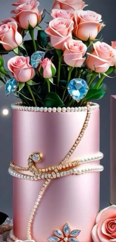 Elegant arrangement of pink roses with diamonds and pearls.
