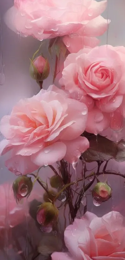 Mobile wallpaper featuring delicate pink roses with raindrops.