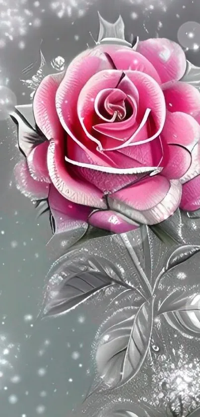 Elegant pink rose with delicate petals on a shimmering grey background.