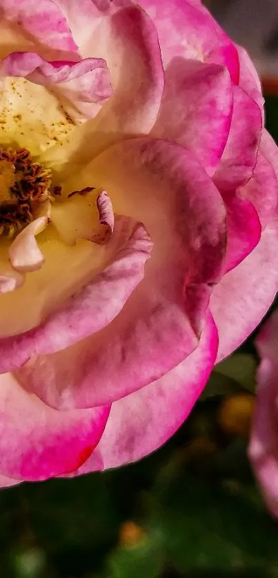 Close-up of a vibrant pink rose blossom in natural light.