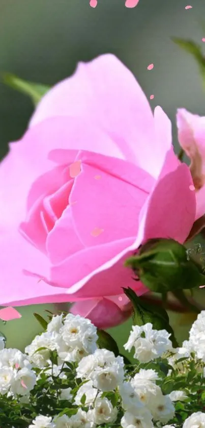 Vibrant pink rose with white blooms in the background.