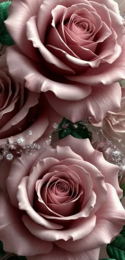 Elegant pink roses with lush green leaves in a serene floral design.