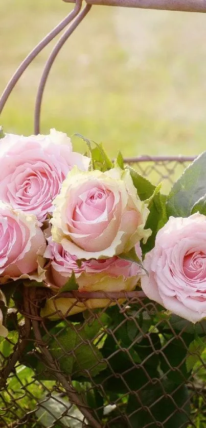 Pink roses in a basket, perfect for elegant mobile wallpaper.