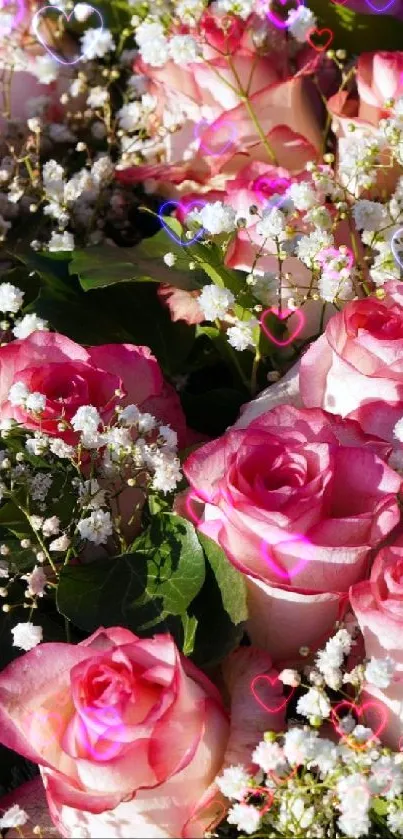 Mobile wallpaper with pink roses and baby's breath.