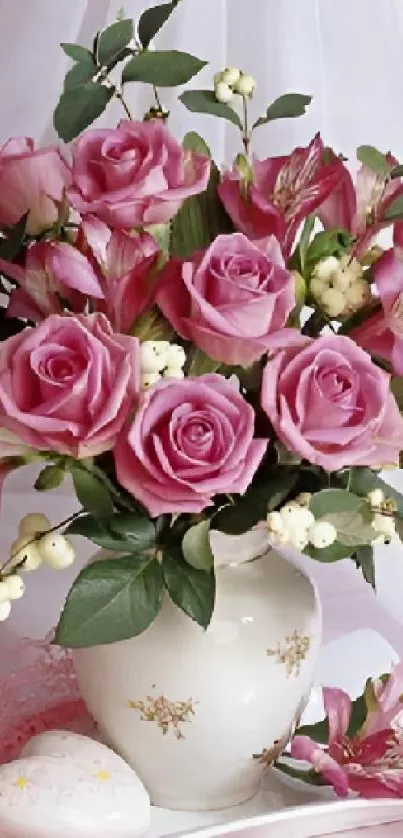 Elegant pink rose bouquet in a classic white vase on a soft background.