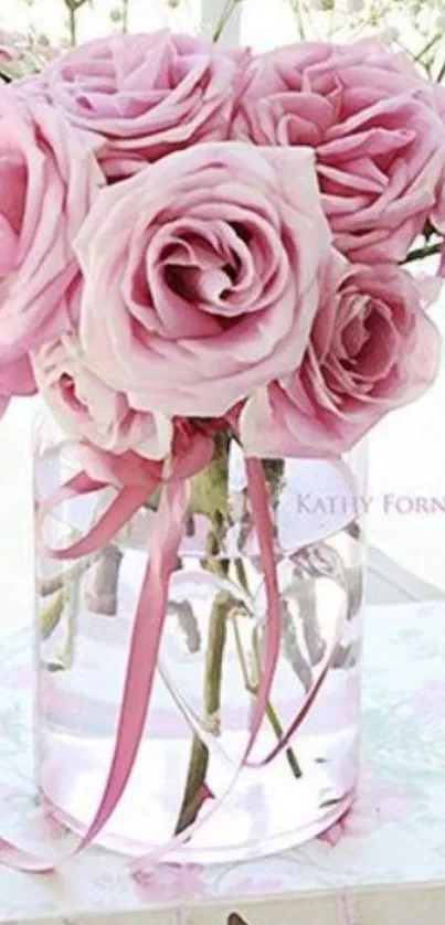 Elegant pink roses in a vase wallpaper with a soft, romantic touch.