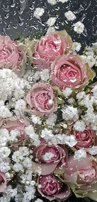 Elegant bouquet of pink roses with gypsophila on a dark background.