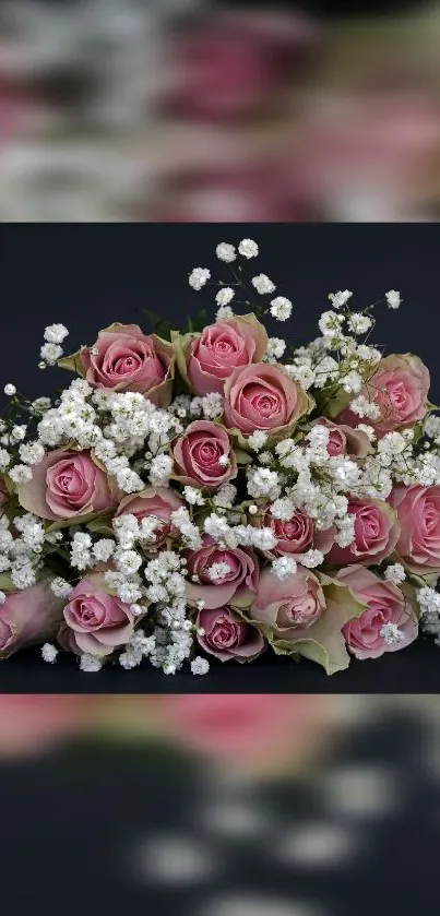 Mobile wallpaper of pink roses with white flowers on a dark background.