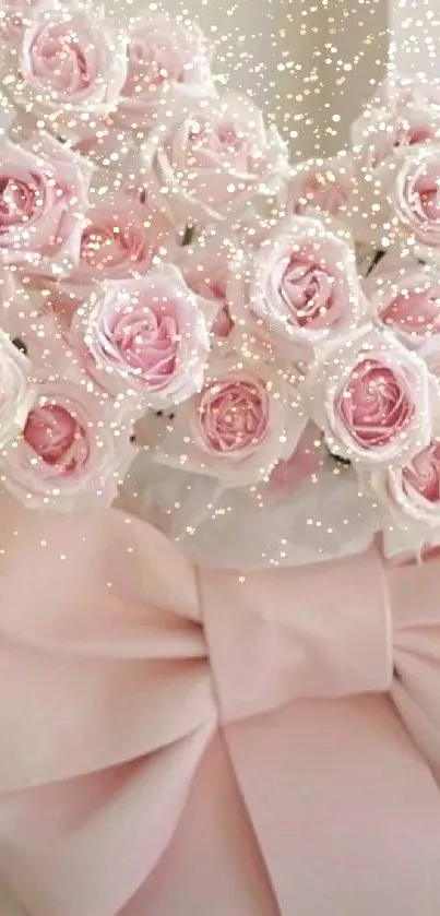 Elegant bouquet of pink roses with a large ribbon.