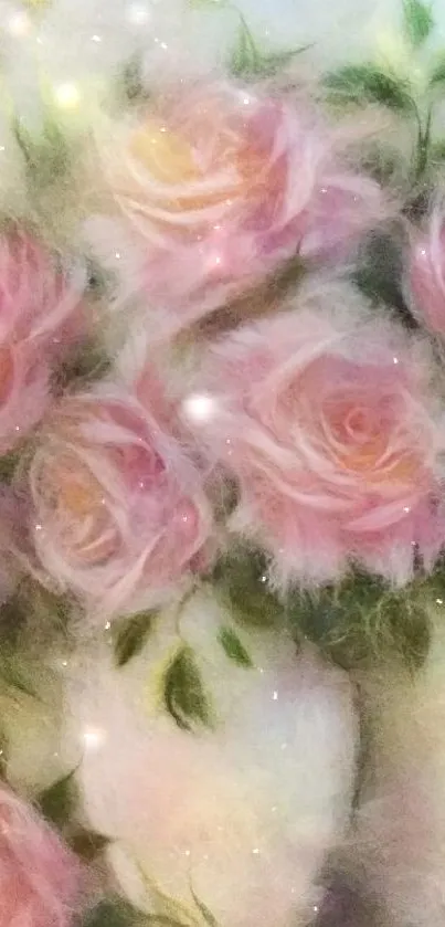 Artistic mobile wallpaper of pastel pink roses in a vase, soft and elegant.