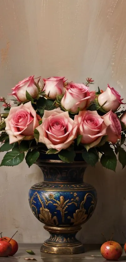 Elegant pink roses in a classic vase on a subtle background.