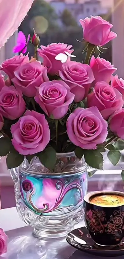 Bouquet of pink roses in a vase with a decorative cup on a table.