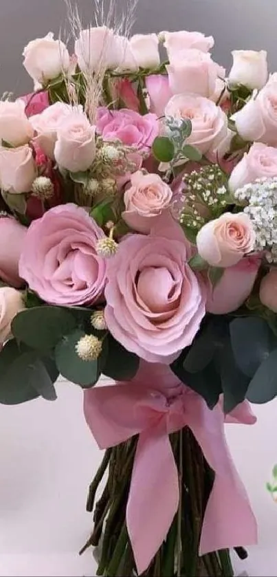 Elegant bouquet of pink roses with white flowers and green leaves.