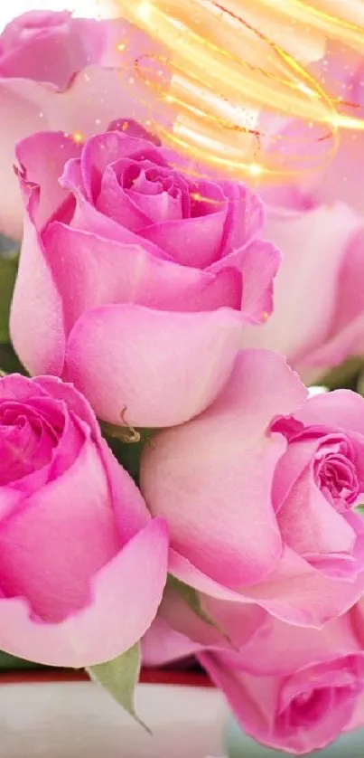 Elegant bouquet of pink roses in a vase with greenery.