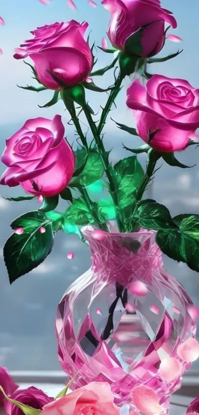 Elegant pink roses in a crystal vase with a soft background.