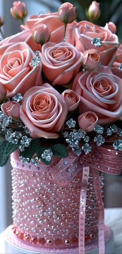 Elegant pink rose bouquet with pearl embellishments.