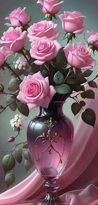 A beautiful bouquet of pink roses in an elegant vase.