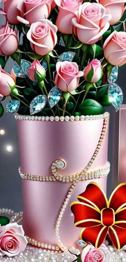 Elegant pink roses with pearls and a red ribbon in a vase.