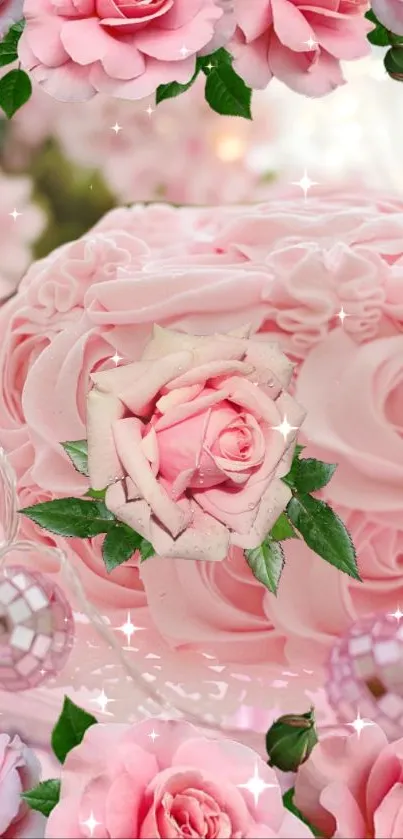Pink rose cake with floral design and sparkles mobile wallpaper.