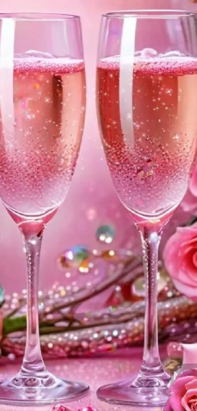 Two pink champagne glasses with roses decorate this elegant wallpaper.