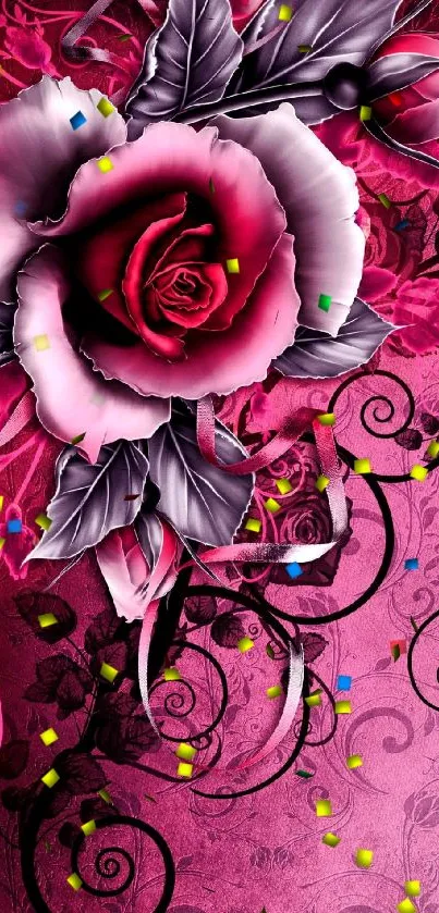 Mobile wallpaper featuring elegant pink roses with floral patterns.