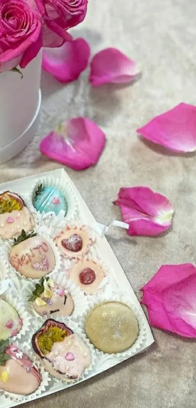 Vibrant pink roses and sweet treats wallpaper.