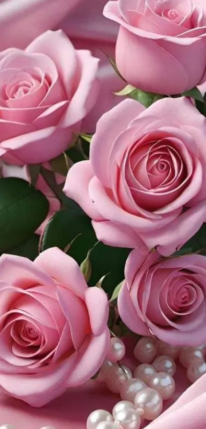 Mobile wallpaper featuring elegant pink roses and pearls.
