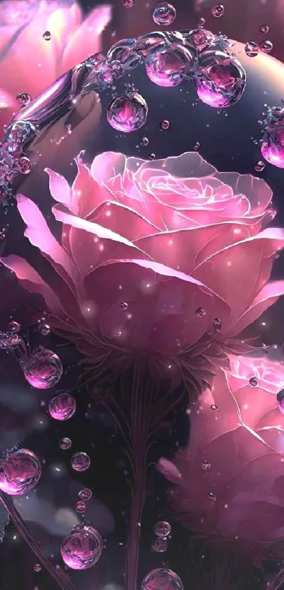 Beautiful pink rose with bubble effects in a fantasy style.