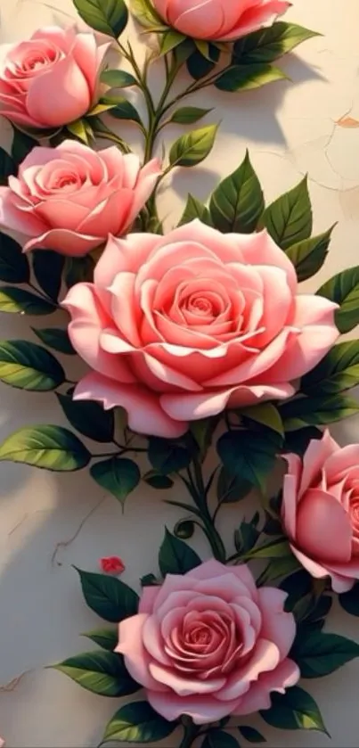 Beautiful pink roses with lush green leaves creating a stunning floral wallpaper.