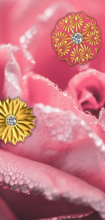 Elegant pink rose with gold jewelry accents on delicate petals.