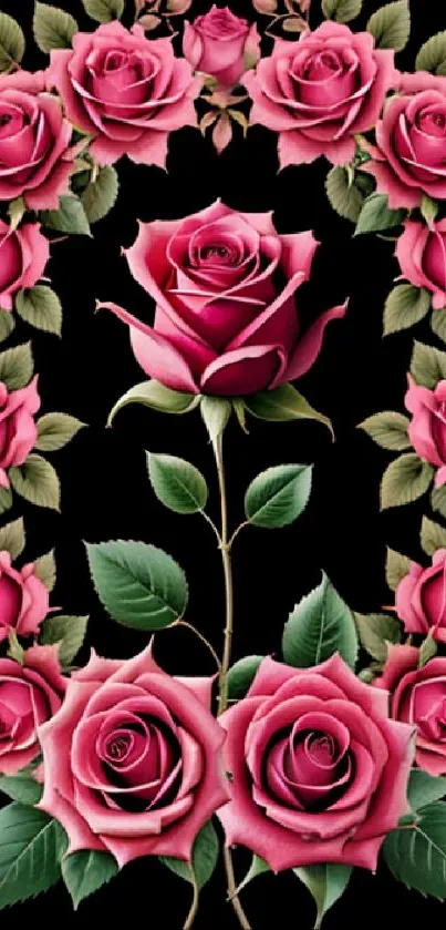 Elegant pink roses wallpaper with floral design on a black background.