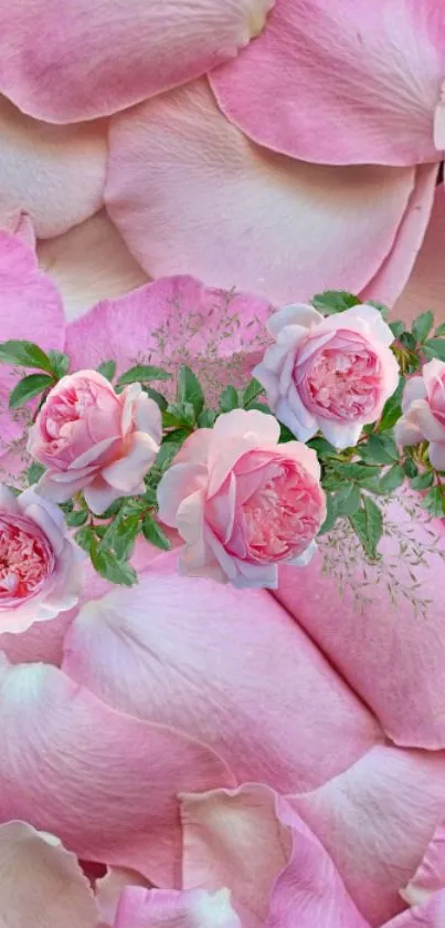 Elegant wallpaper with pink rose petals and roses.