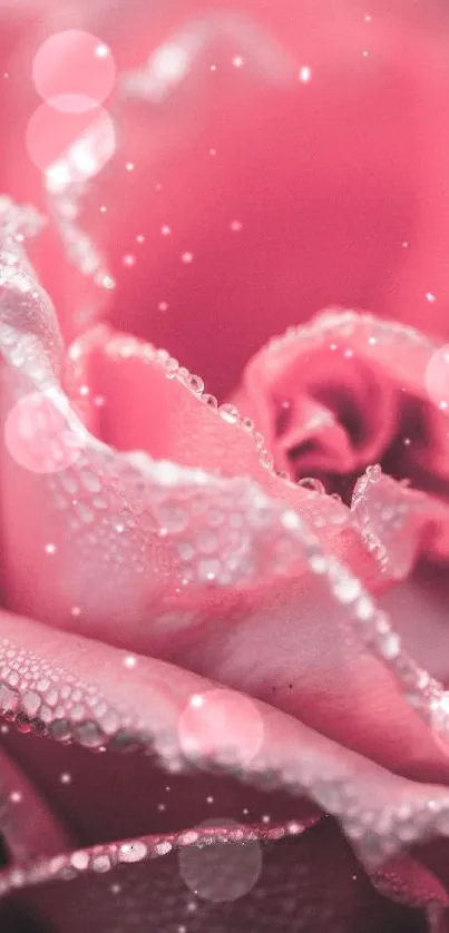 Close-up of pink rose petals with water droplets.