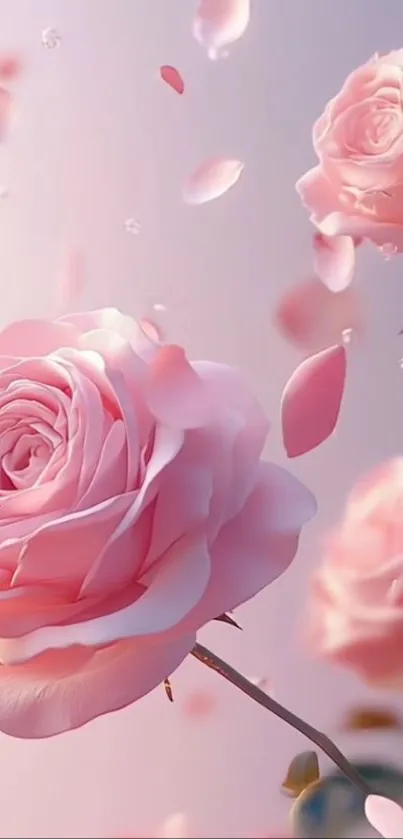 Pink roses with delicate falling petals