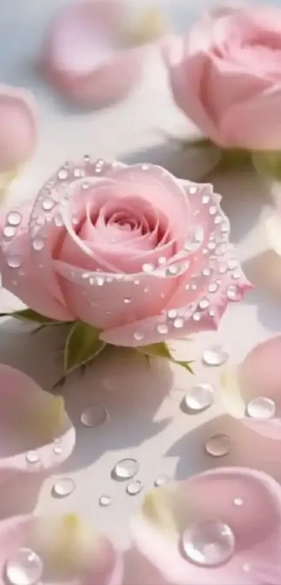 Pink rose petals with water droplets on a serene background.
