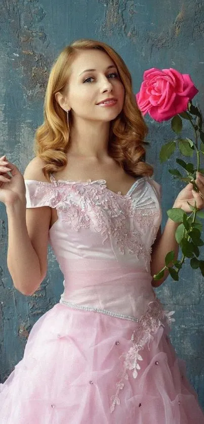 Woman in pink dress holding a rose against a blue background.