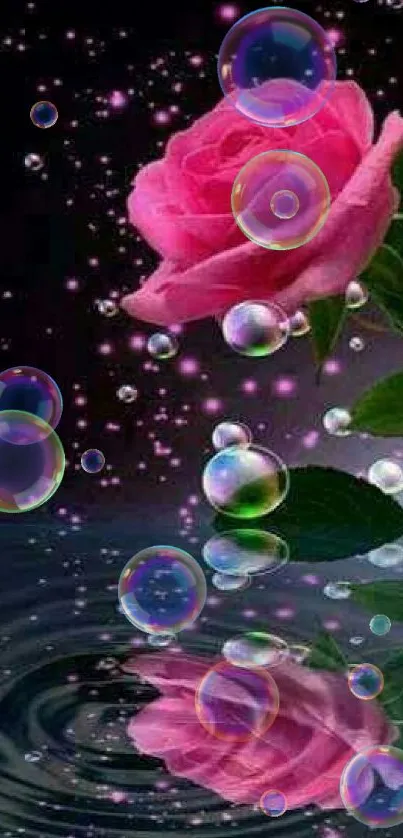 Pink rose reflecting on water with bubbles.