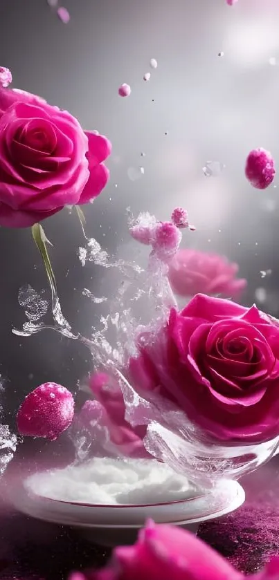 Artistic mobile wallpaper with splashing pink roses.