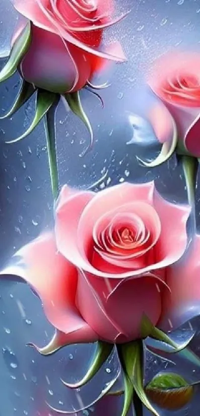 Elegant pink roses with blue background and dewdrops.