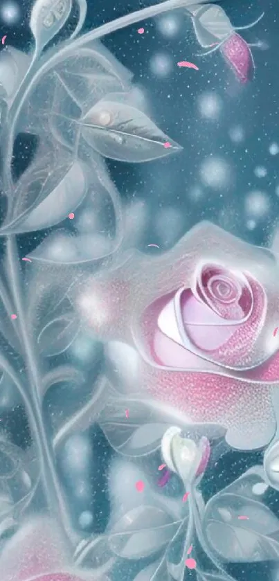 Elegant mobile wallpaper with a pink rose and snowflakes.