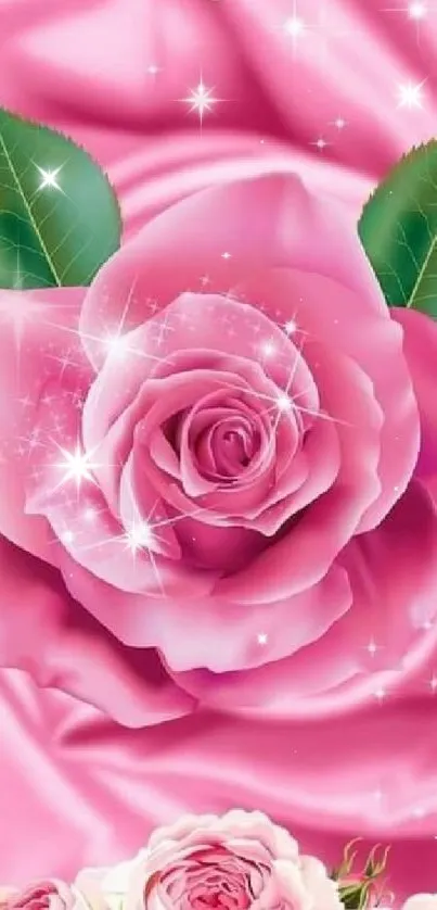 A beautiful pink rose with sparkling petals and green leaves on a mobile wallpaper.