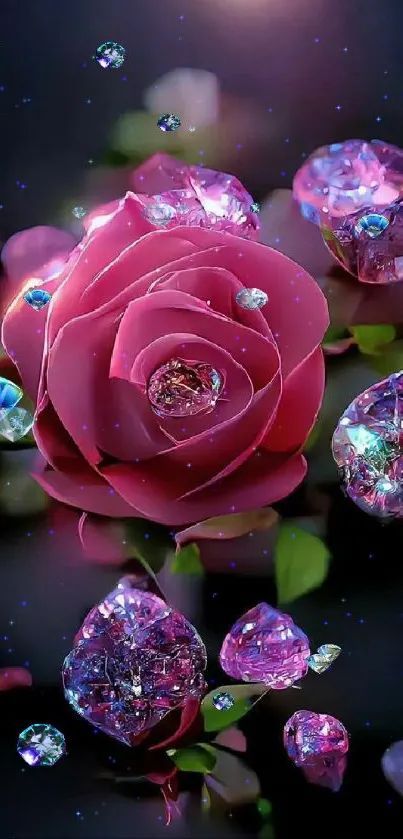 Elegant pink rose with sparkling crystal gems on a dark background.