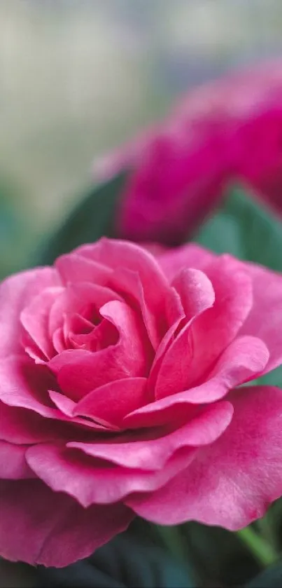 Close-up of a vibrant pink rose with green leaves in soft focus background.