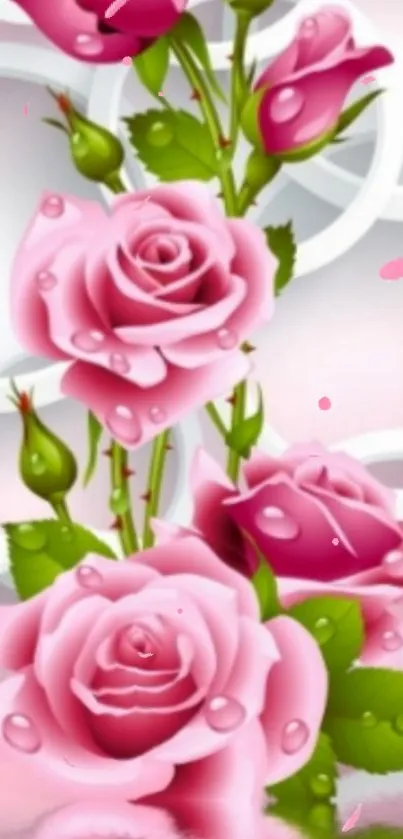 Elegant pink roses with dewdrops in a 3D background.