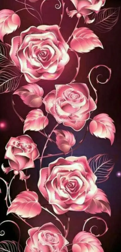 Elegant pink roses with delicate leaves on a mobile wallpaper.