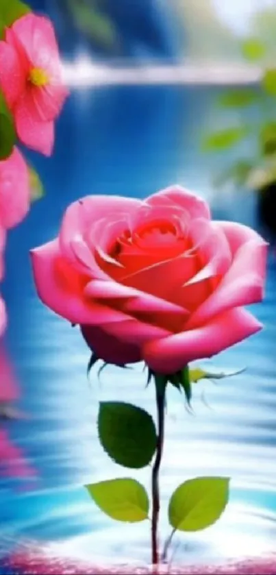 Beautiful pink rose in serene water.