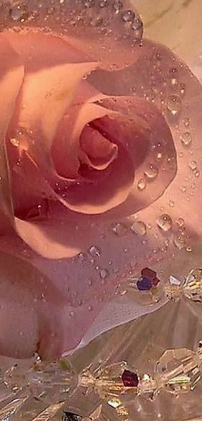 Pink rose with water droplets and crystal decor.