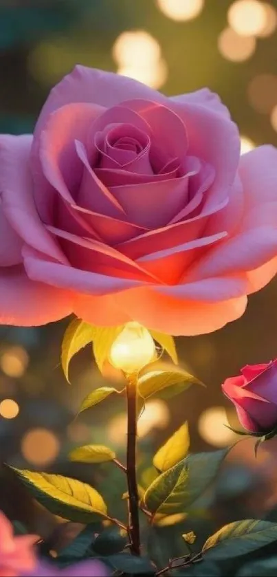 Elegant glowing pink rose with green leaves and bokeh lights.