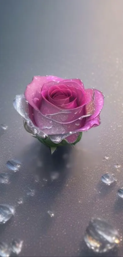 Elegant pink rose with dewdrops on a mobile wallpaper.